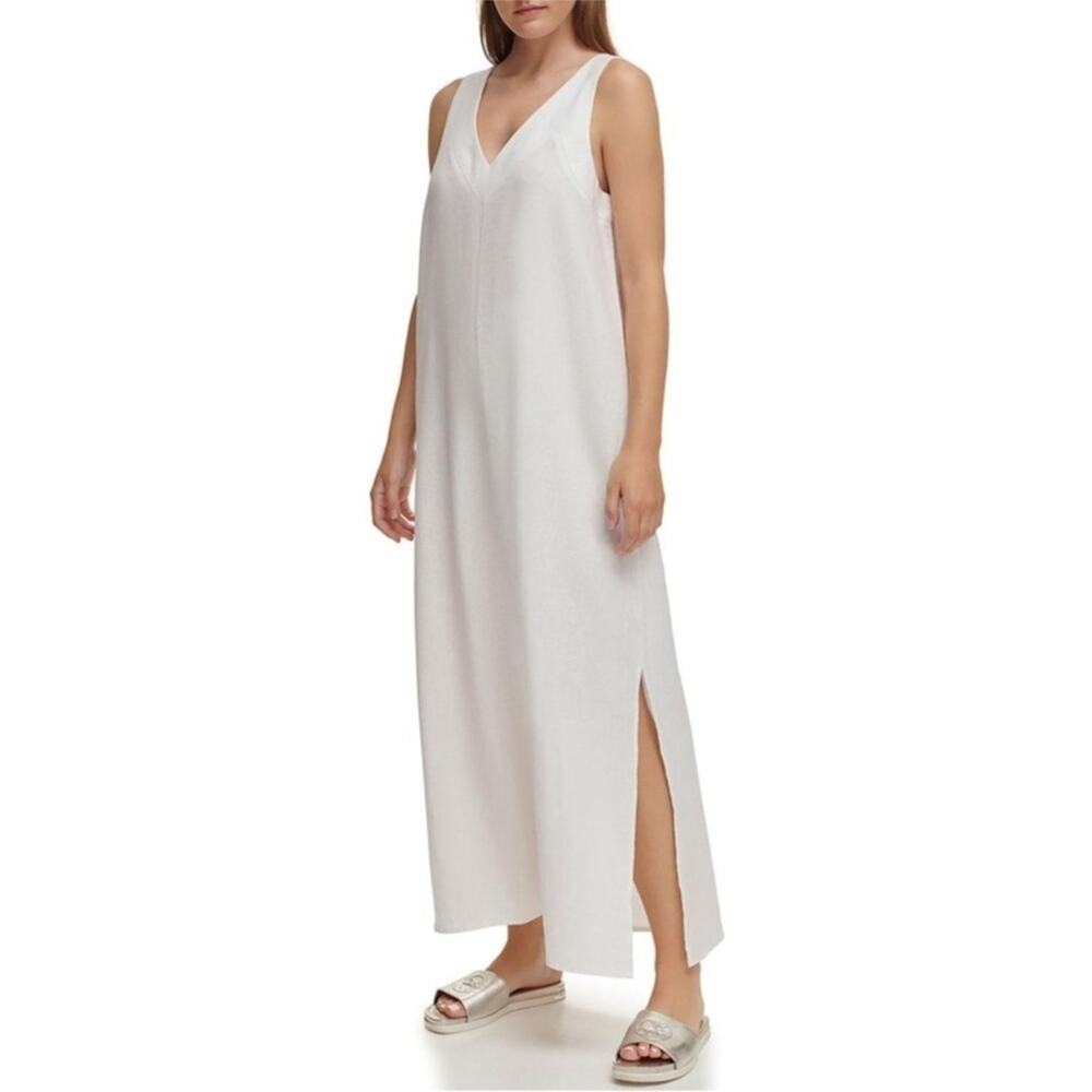 DKNY linen blend Sleeveless White shift long maxi  midi dress dress  nwt xxl